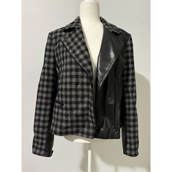 Akris punto Mixed tweed moto jacket gingham vegan leather 8 - Picture 2 of 15